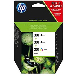 HP 301 Pack de 3 Cartouches d'Encre, 2 Noires et 1 Trois Couleurs Authentiques (E5Y87EE) L'emballage peut varier - Publicité