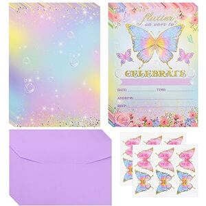 Falafoty Carte Papillon d'invitation de Fête Arc-en-ciel 12pcs Fournitures de Fête Avec Enveloppes pour Filles Garçons Anniversaire Baby Shower, Carte d'invitation de Fête d'anniversaire (Violet papillon) - Publicité