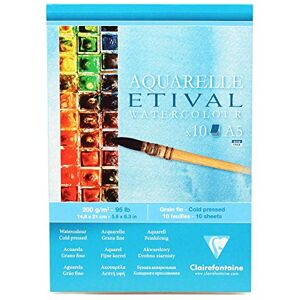 Clairefontaine 96301C Bloc Encollé Etival 10 Feuilles Papier Aquarelle Blanc 100% Cellulose Grain Fin Qualité Étude A5 14,8x21 cm 200g - Publicité