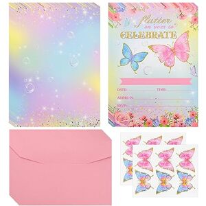 Falafoty Carte Papillon d'invitation de Fête Arc-en-ciel 12pcs Fournitures de Fête Avec Enveloppes pour Filles Garçons Anniversaire Baby Shower, Carte d'invitation de Fête d'anniversaire (Rose papillon) - Publicité