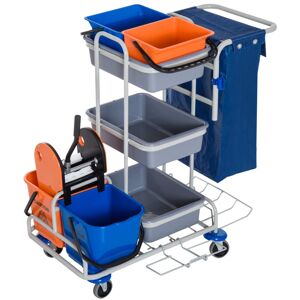 homcom carrello pulizie professionale con 4 secchi 18l/6l, sacco spazzatura impermeabile, blu e arancione 100x70x103cm