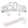 REYOK Tiara, tiara, verjaardagskroon met 50 en Fabulous verjaardagssjerp, verjaardagssjerp, verjaardagskroon, prinsessenkroon, haaraccessoires, zilver voor verjaardagsfeesten of verjaardagstaarten.