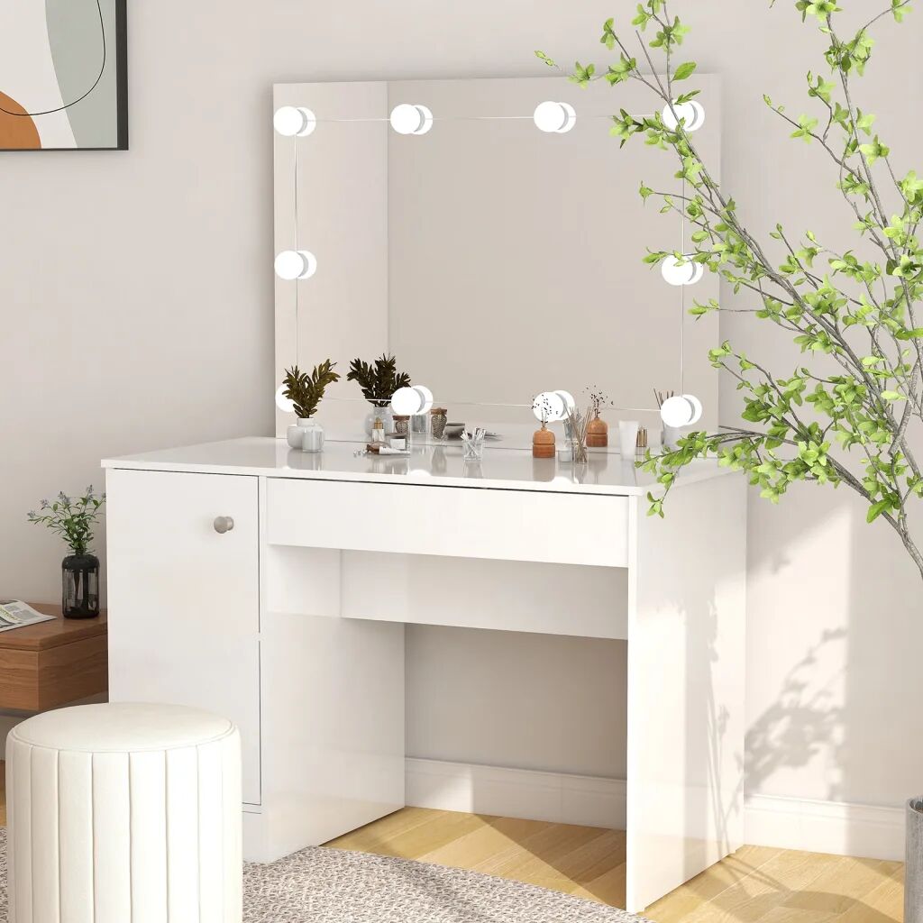 vidaXL Toaletný stolík s LED svetlami 110x55x145 cm MDF lesklý biely