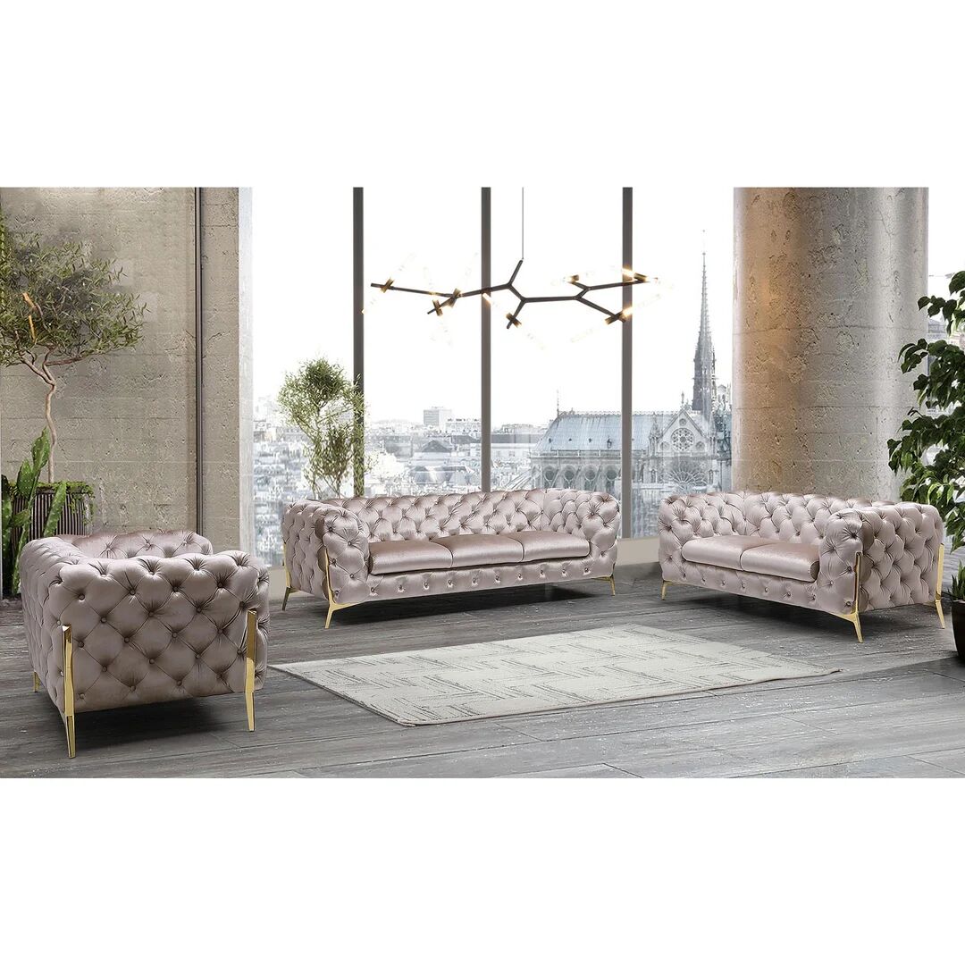 Photos - Storage Combination Etta Avenue Chesterfield Atoka Sofa Set 3+2+1 with Gold Metal Legs brown 7