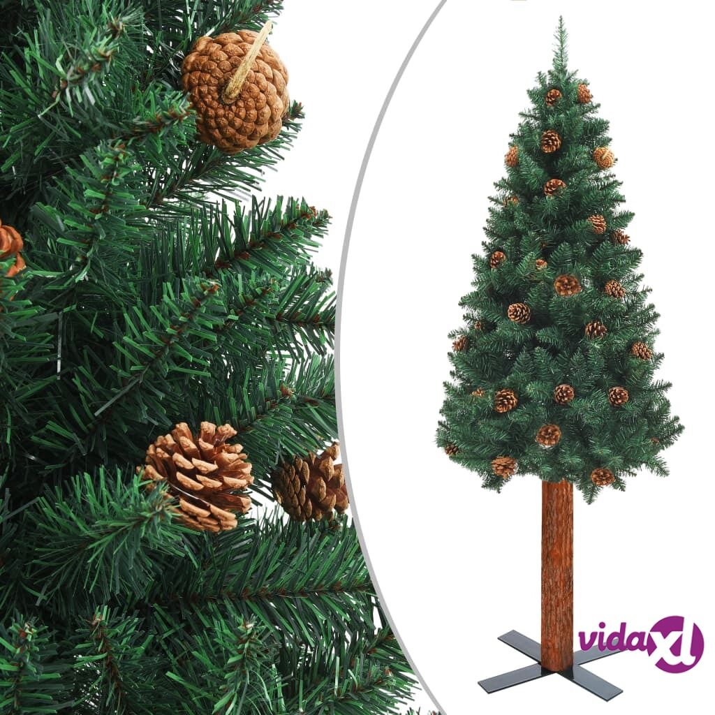 vidaXL Slim Christmas Tree with Real Wood and Cones Green 150 cm PVC