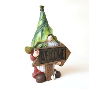 Have Gnome Statue, grøn Hat Velkommen Resin Statue Med Sola