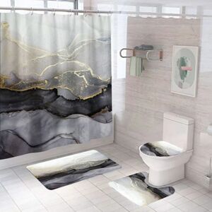4 stykke marmor bruseforhæng sæt med tæppe, sort grå guld bad
