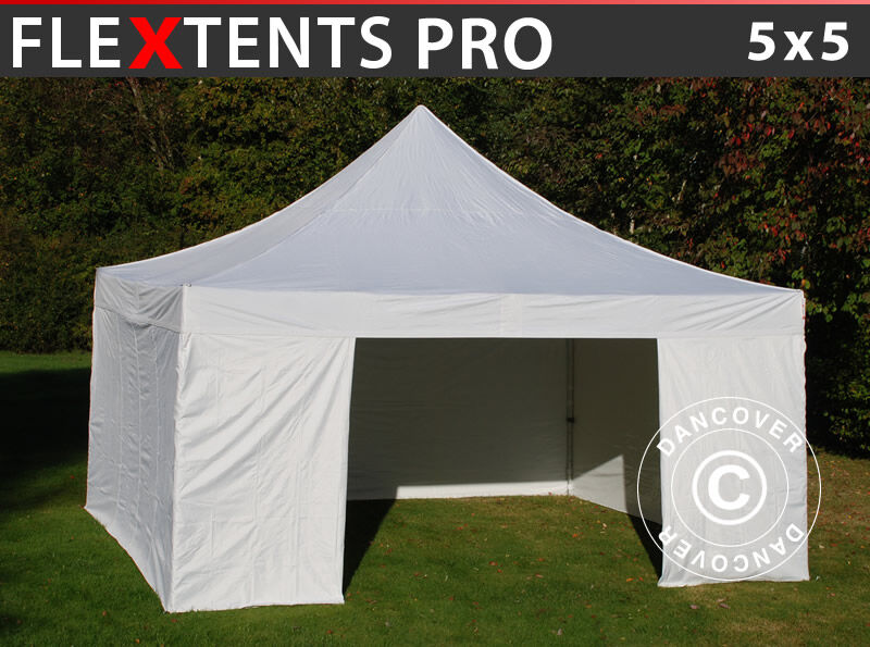 Dancover Foldetelt FleXtents Easy up pavillon PRO 5x5m Hvid, inkl. 4 sider