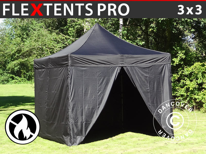 Dancover Foldetelt FleXtents Easy up pavillon PRO 3x3m Sort, Brandhæmmende, inkl. 4 sider