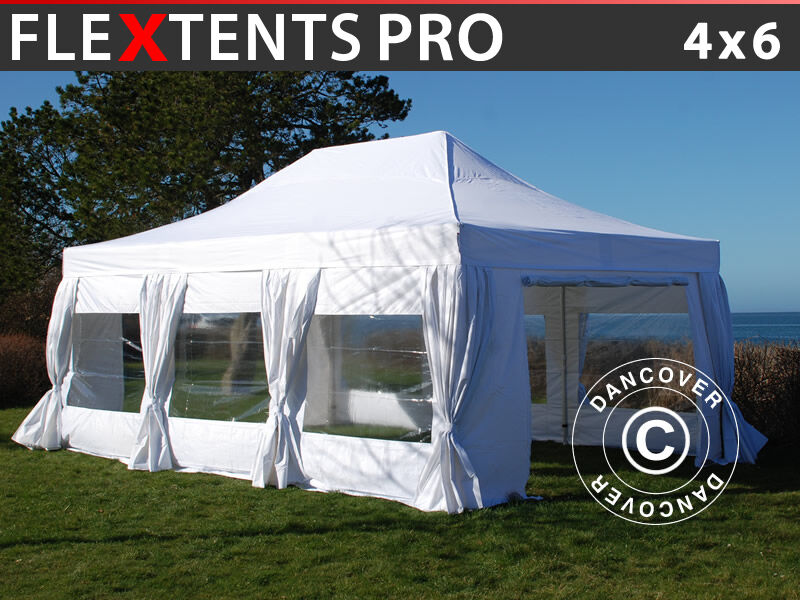 Dancover Foldetelt FleXtents Easy up pavillon PRO 4x6m Hvid, inkl. 8 sider & pyntegardine