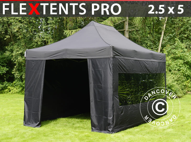 Dancover Foldetelt FleXtents Easy up pavillon PRO 2,5x5m Sort, inkl. 6 sider