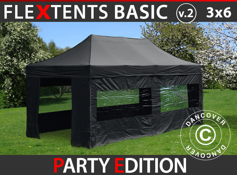 Dancover Foldetelt FleXtents Easy up pavillon Basic v.2, 3x6m Sort, inkl. 6 sider