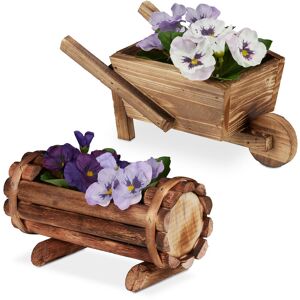 Bac pour plantes, en bois, jeu de 2, brouette et demi tonneau fleurs - Relaxdays - Publicité