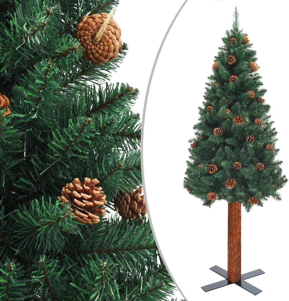 vidaXL Kerstboom met echt hout en dennenappels smal 180 cm PVC groen