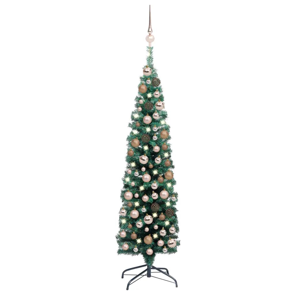 vidaXL Pom Crăciun artificial subțire, LED-uri&globuri, verde, 120 cm