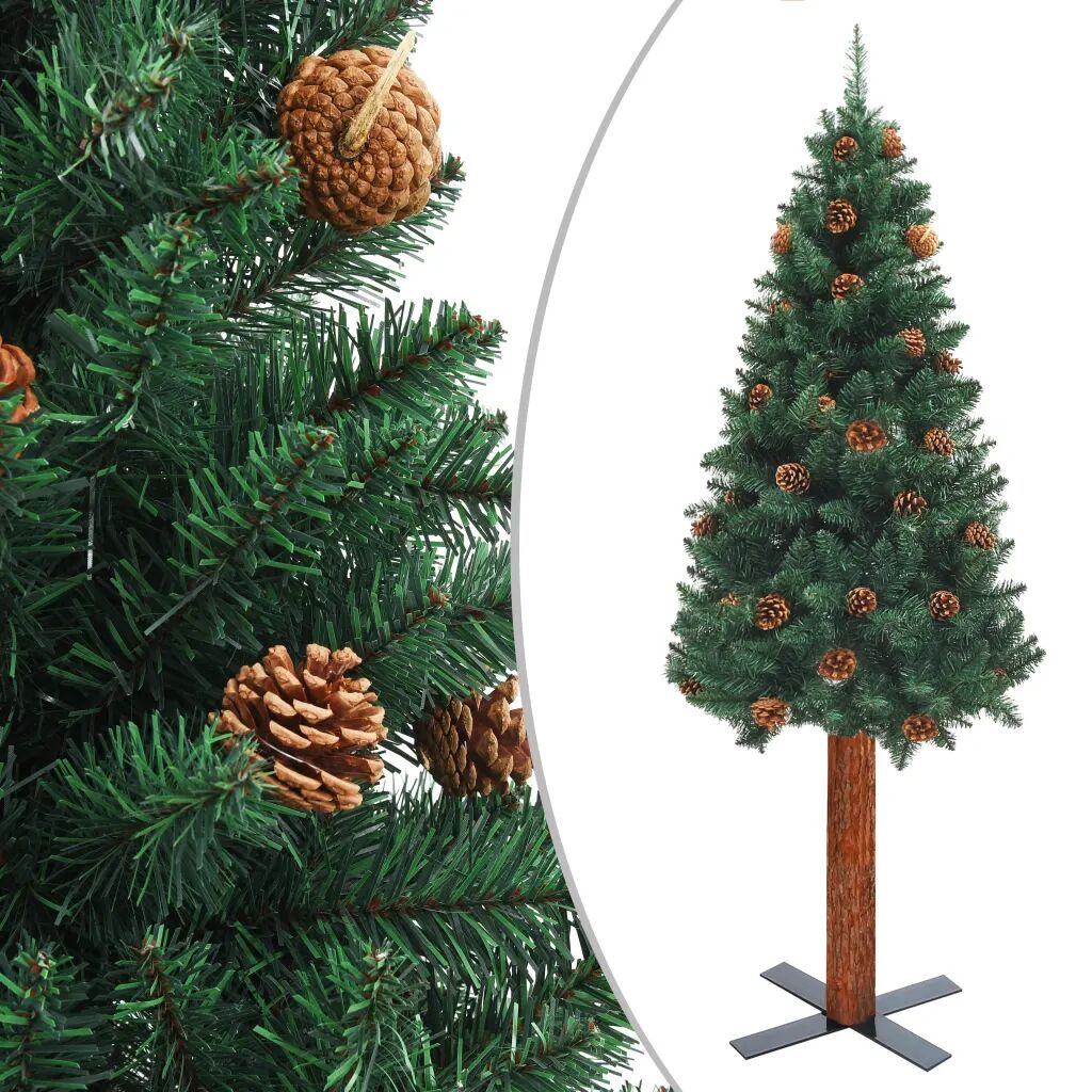 vidaXL Úzky vianočný stromček s pravým drevom a šiškami zelený 150 cm PVC