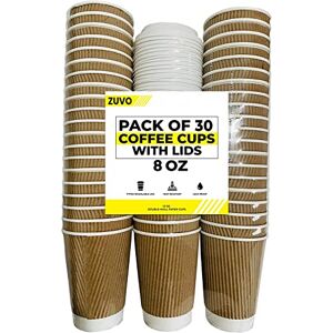 Zuvo Ripple Takeaway Paper Coffee Cups with Lids [30 Cups - 8 OZ] Best for Hot Drinks