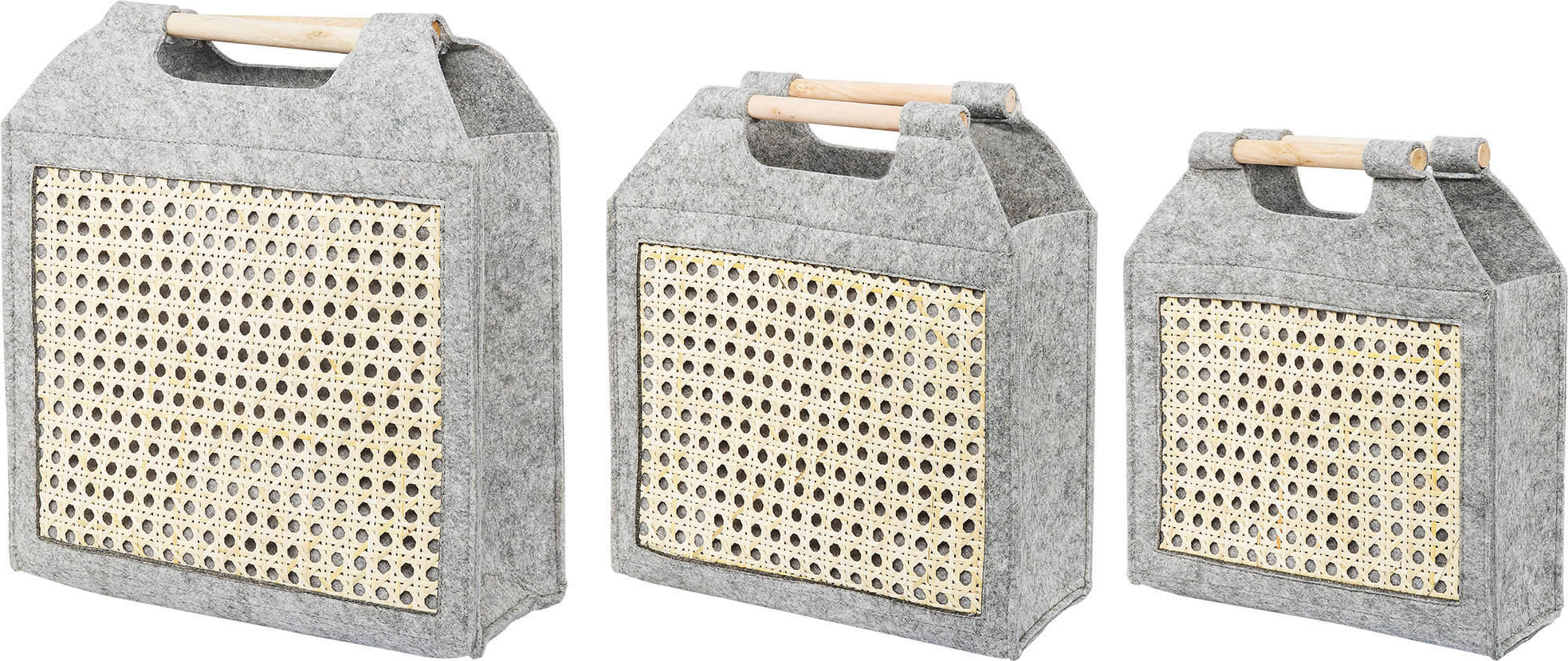 Beliani Set of 3 Storage Baskets Grey Fabric with Wooden Handles and Wood Weave Detail Laundry Bag