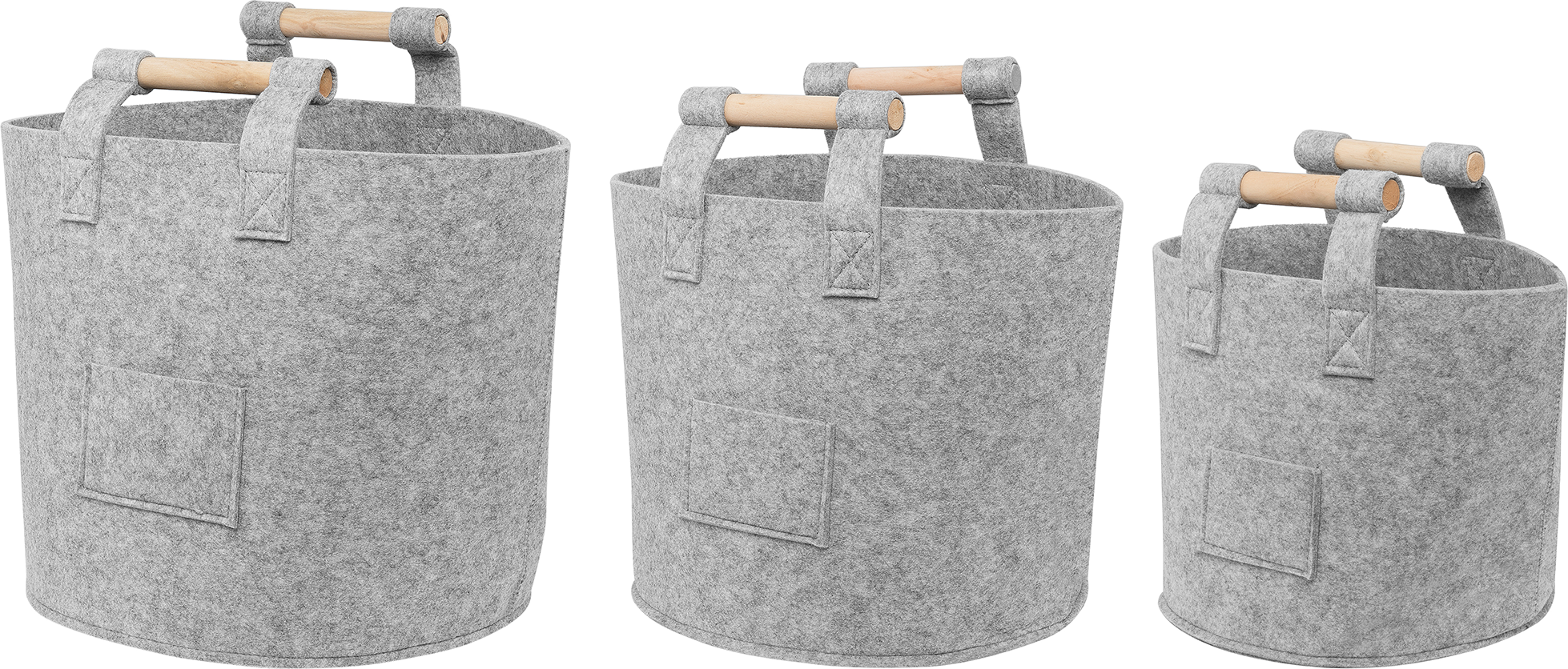 Beliani Set of 3 Storage Baskets Grey Felt with Wooden Handles Laundry Bag