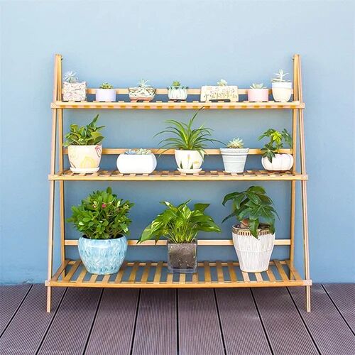 August Grove 3 Tier Bamboo Plant Stand Outdoor Indoor Flower Stand Folding Plant Display Stand Ladder Shelf Corner Planter 100cm  August Grove  - Size: Large