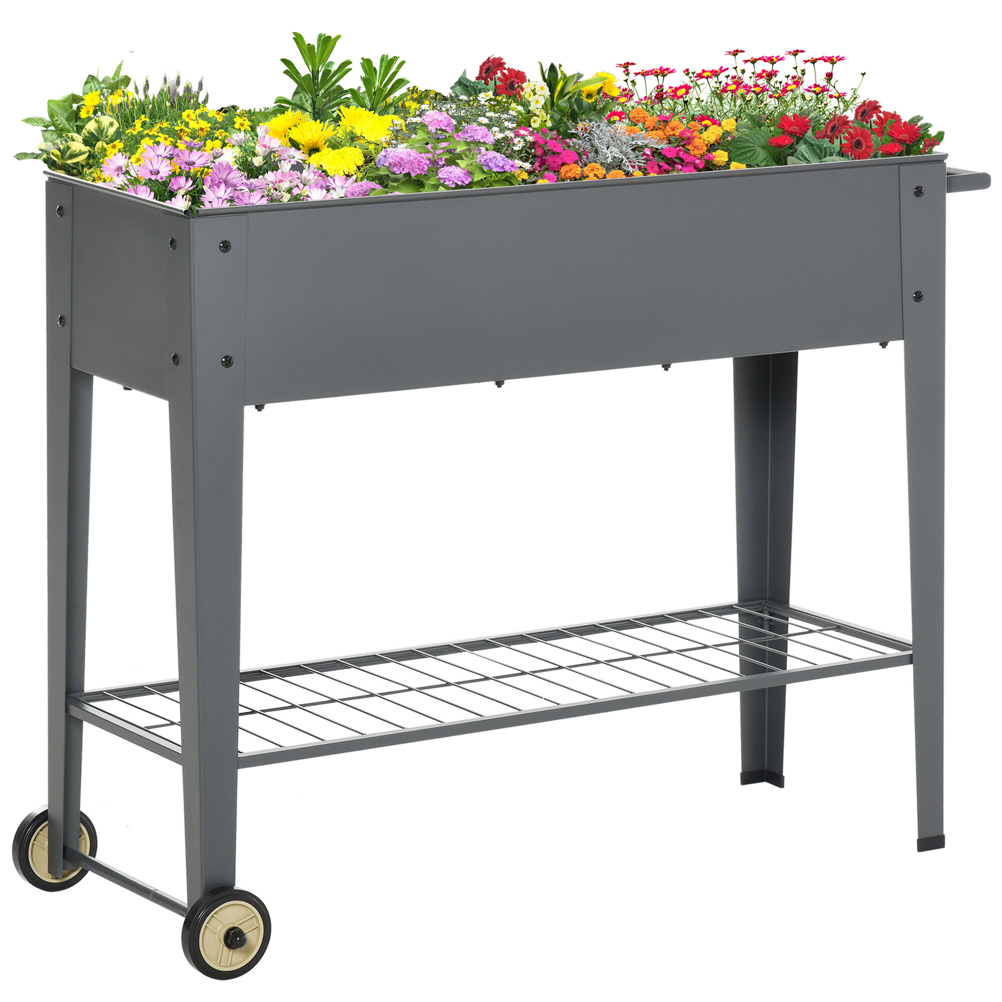 Outsunny 41" x 15" x 32" Elevated Outdoor Raised Garden Beds, Metal Planter Box with 2 Wheels, Bottom Shelf for Storing Tools & Water Drainage, Gray