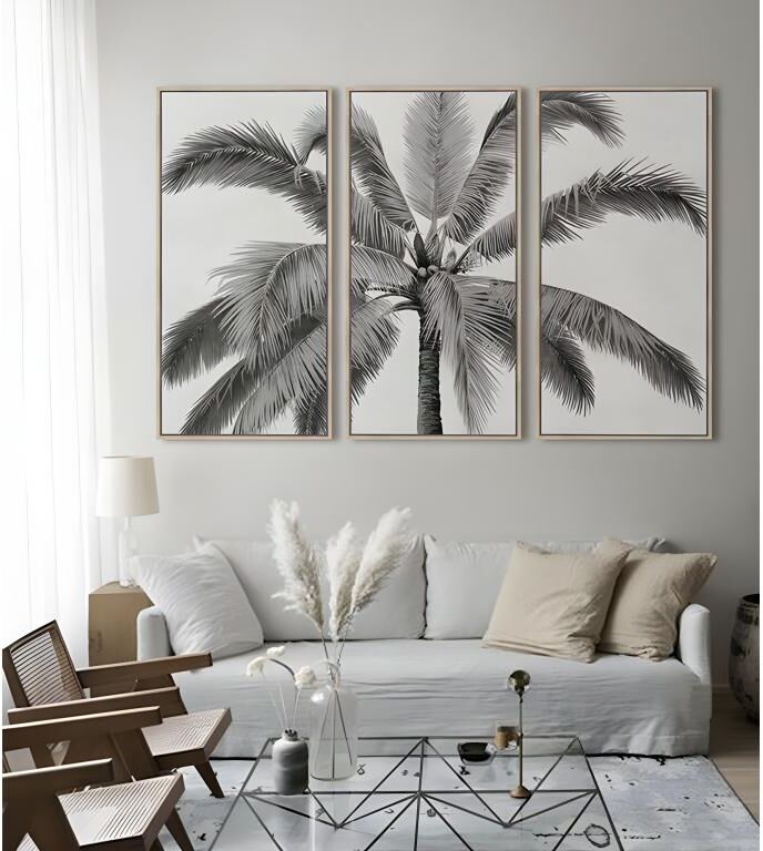 Vente-unique.ch Kunstdruck gerahmt 3-teilig Triptychon PALMTREE - 180 x 120 x 4 cm - Schwarz & Weiß