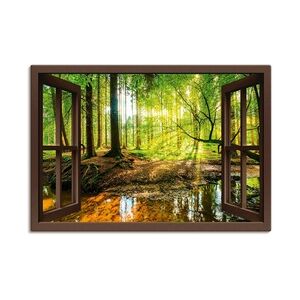 ARTland Leinwandbilder Wandbild Bild auf Leinwand Fensterblick - Wald mit Bach Größe: 100x70 cm