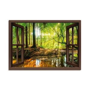 ARTland Leinwandbilder Wandbild Bild auf Leinwand Fensterblick - Wald mit Bach Größe: 100x70 cm