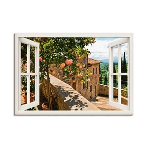 ARTland Leinwandbilder Wandbild Bild auf Leinwand Fensterblick Rosen auf Balkon Toskana Größe: 100x70 cm