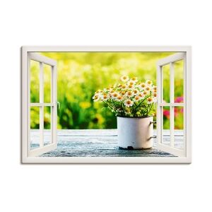 ARTland Leinwandbilder Wandbild Bild auf Leinwand Fensterblick Garten mit Gänseblümchen Größe: 70x50 cm