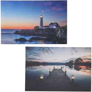 HHG Neuwertig] 2er-Set LED-Bild, Leinwandbild Leuchtbild Wandbild 40x60cm, Timer Lighthouse - multicolour