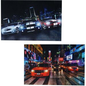 HHG - 2er-Set LED-Bild Leinwandbild Leuchtbild Wandbild 40x60cm, Timer Cars - multicolour