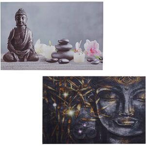 HHG - 2er-Set LED-Bild Leinwandbild Leuchtbild Wandbild 40x60cm, Timer Buddha + Kerzen - multicolour