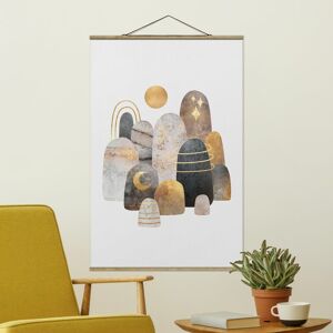 MICASIA Stoffbild mit Posterleisten - Elisabeth Fredriksson - Gold Berge mit Mond - Hochformat 3:2 Größe HxB: 150cm x 100cm Material: Eiche