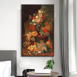Aidegou16 Klassisches Ölgemälde, Obst- Und Blumenstillleben Mit Papagei, Wandkunst Für Esszimmer, Heimdekoration, Poster Auf Leinwand