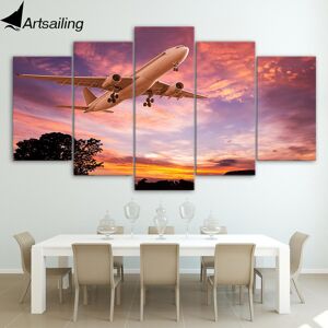 Aidegou4 Artsailing Druckgemälde Auf Leinwand, Sonnenuntergang, Himmel, Flugzeuggemälde, Landschaftsbild, Flugzeug, Moderne Hausdekoration, 5-Teilig