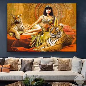 Aidegou8 Vintage Sexy Frau Kleopatra Leopard Tiger Golden Luxus Leinwand Gemälde Poster Ästhetische Kunst Bild Horizontal Raum Dekor Kein Rahmen