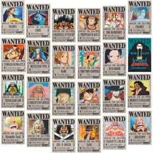 One Piece Wanted Plakater 28,5 cm × 19,5 cm, Ny udgave Kraft Paper Plakat, Luffy 1,5 milliarder, sæt med 24