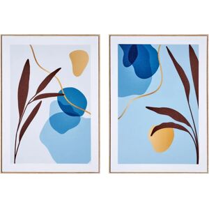 LOLAhome Set de 2 cuadros impresión sobre lienzo abstractos enmarcados de madera azul de 51x71 cm