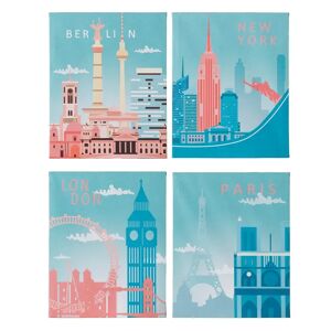 LOLAhome Set de 4 cuadros de ciudad impresos sobre lienzo azul y rosa de 40x50 cm