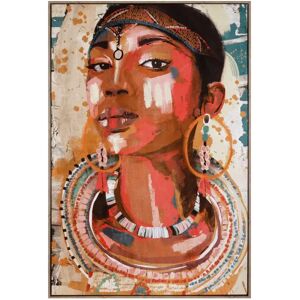 LOLAhome Cuadro pintura de africana en lienzo enmarcado marrón de 83x123 cm