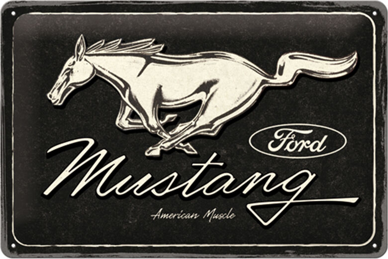 Retro metallitaulu Mustang - Horse Logo Black 20x30 cm