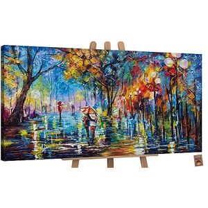 YS Tableau Peinte à la Main Ruelle d'automne Surface texturée Parc d'automne avec Un Couple Paage du Soir Bleu et Jaune Couleur Déco Murale Salon 160x80 cm - Publicité