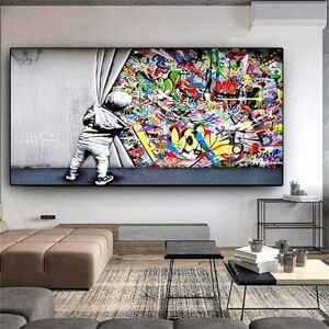 WHGBDY Peinture sur Toile Tableau Street Art Banksy Graffiti Art Mural DerrièRe Le Rideau Affiche Et sur Toile Tableau Murale Art Tableaux pour La Decoration IntéRieure Salon sans Cadre - Publicité