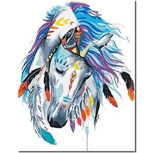 Fuumuui Kit de peinture au numéro avec pinceaux et peintures acryliques Pour débutants adultes et enfants 40 x 50 cm Motif paysage, cheval blanc avec taches - Publicité