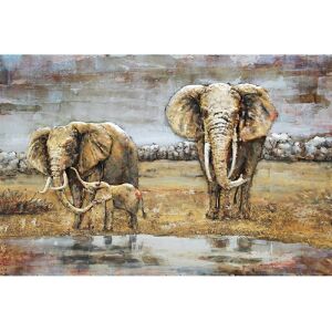DECO-MURALE.shop Tableau relief en metal elephants en famille 120x80