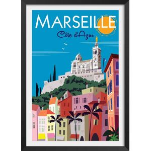 Hexoa Affiche vintage Marseille avec cadre noir 60x90cm