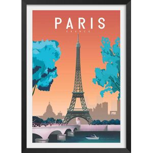 Hexoa Affiche ville retro Paris France avec cadre noir 40x60 cm