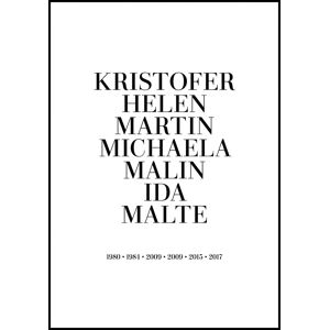 Personlig poster Tableau de famille - 7 noms et annees de naissance - Blanc (40x50 cm)