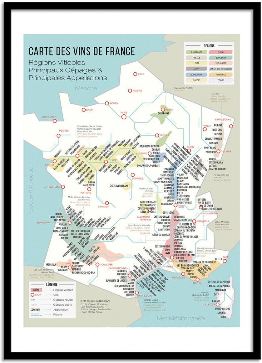 Wall Editions Affiche 50x70 cm et cadre noir - Carte des vins de France - Frog Post